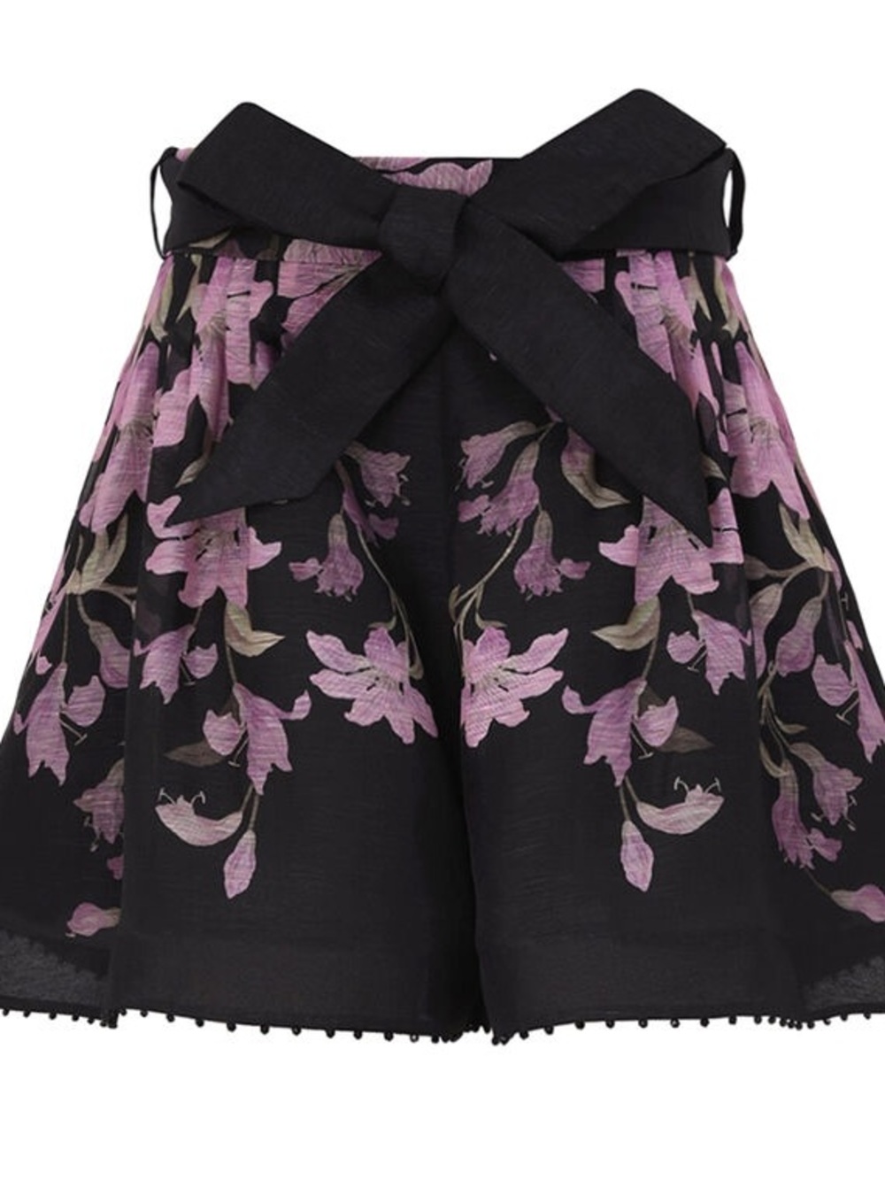 Zimmermann Black Shorts with Lavender Floral Embroidery and Bow Waist